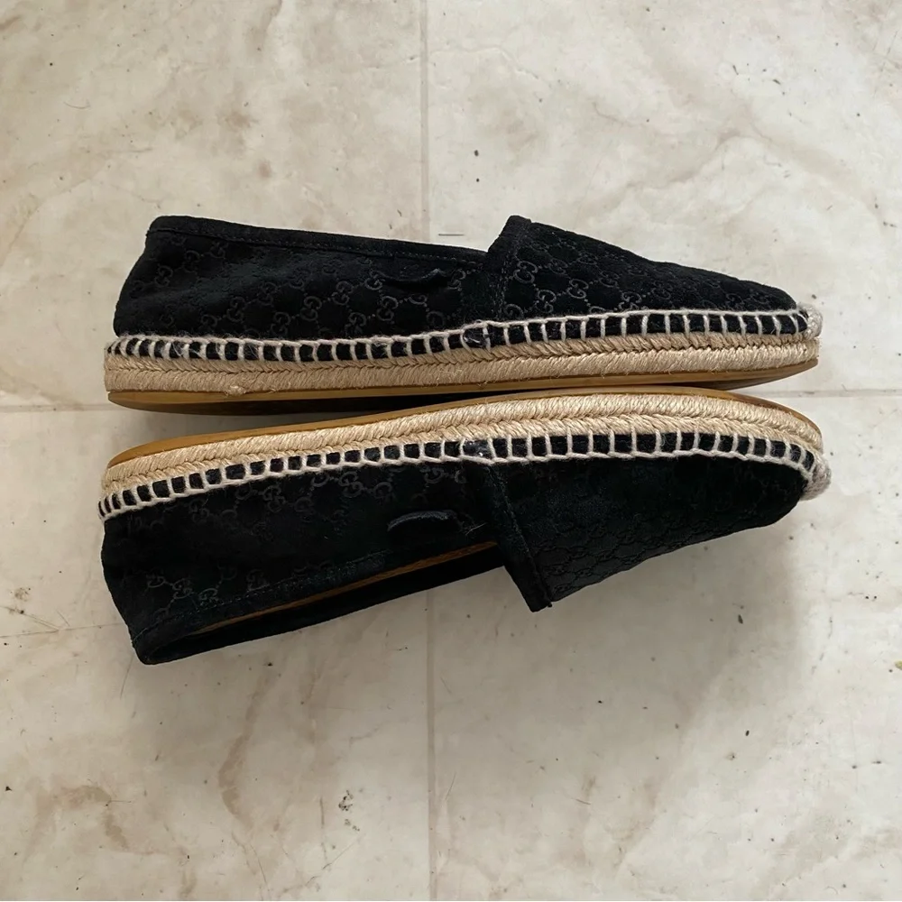 Gucci Micro Guccissima GG Monogram Black Suede Espadrilles Flats Size 6.5/36.5